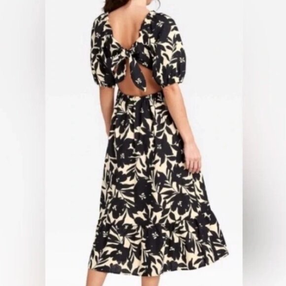 Who What Wear Cream Floral Women's XS Puff Elbow Sleeve Open Back Midi Dress - Picture 2 of 8